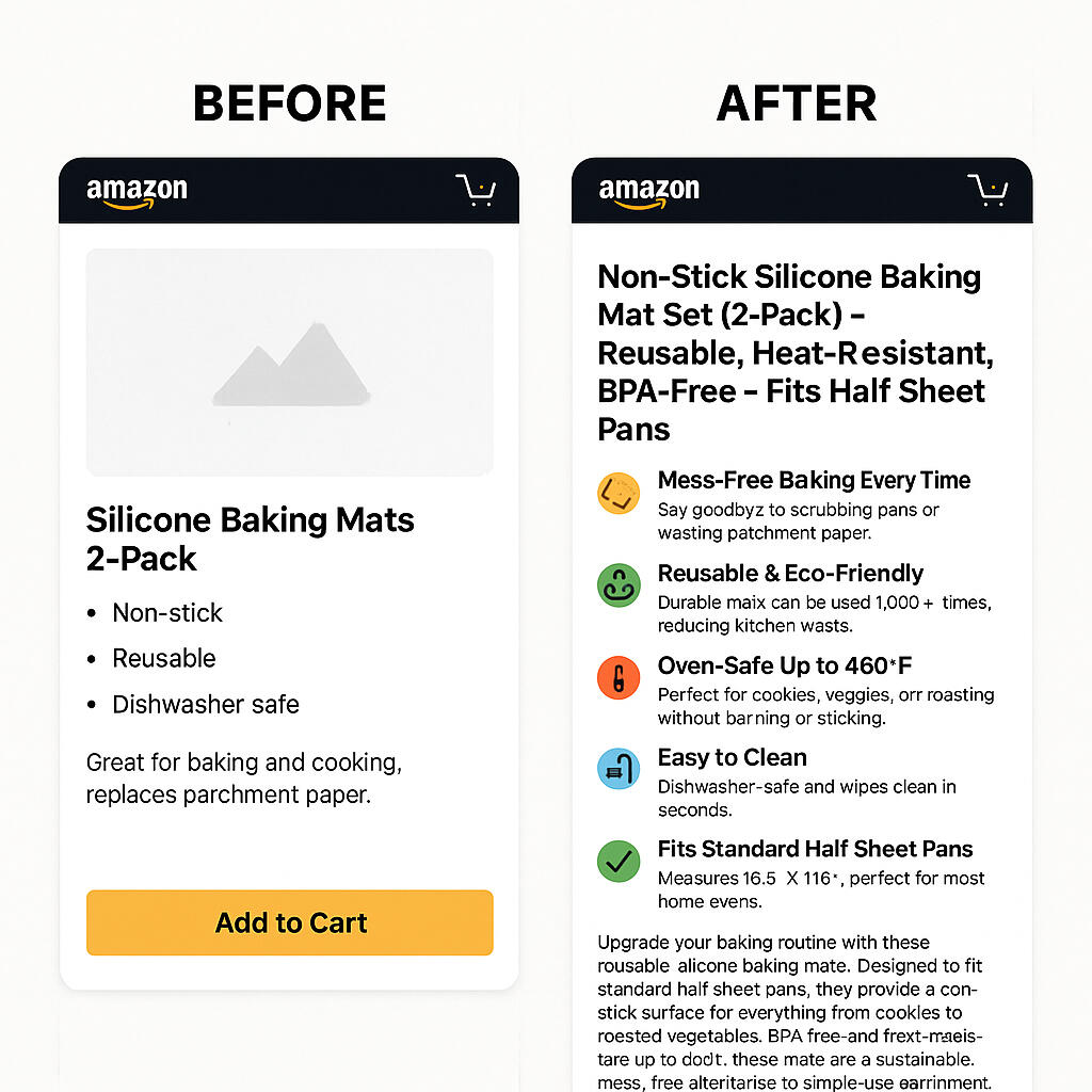 Promotional banner for an Amazon listing optimisation service with bold typography and icons highlighting benefits like faster sales and 24-hour delivery